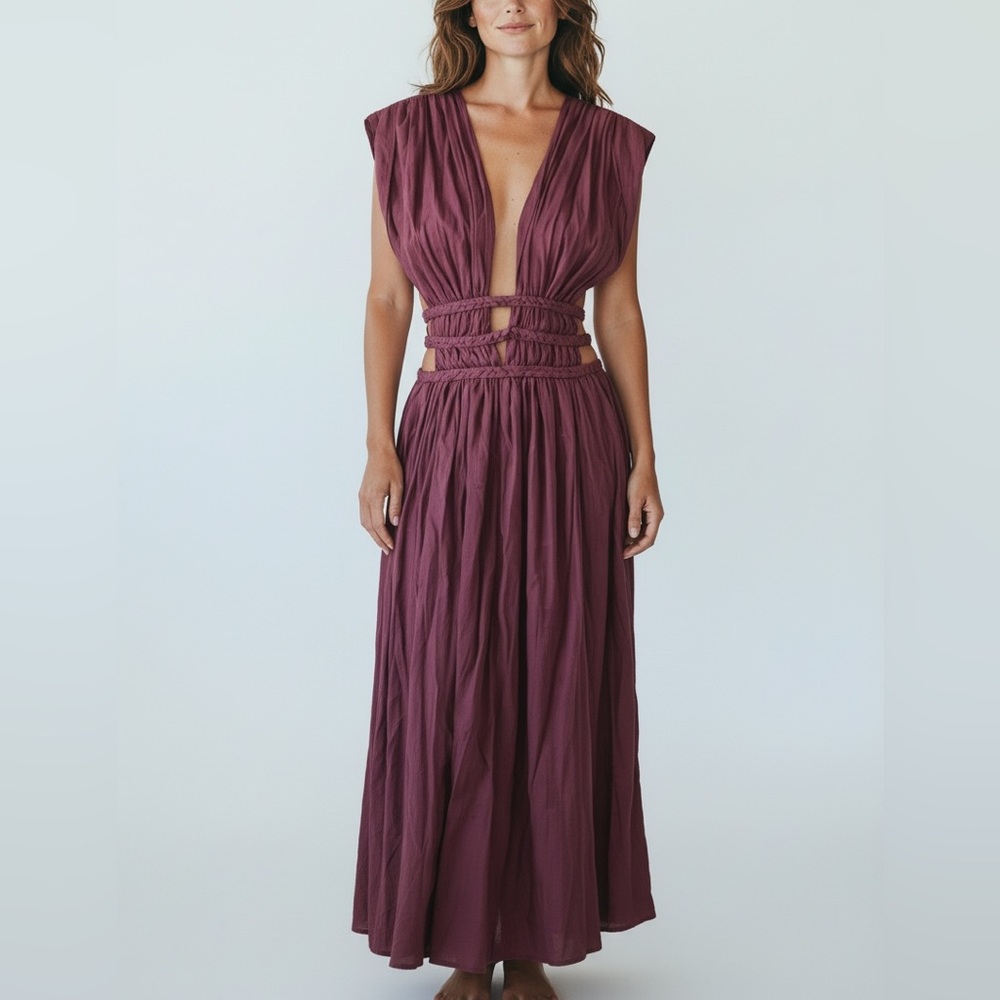 Tulum Womens Burgundy Bohemian Braided Belt Midi Dress Small Nwot